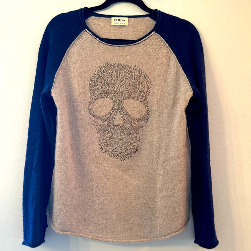 27 Miles Small Taupe and Dark Blue scoop neck 100% cashmere skull sweater